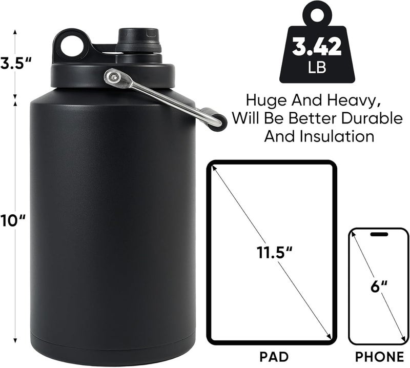 Kerilyn Insulated Gallon Jug with Handle, One Gallon, 128oz Stainless Steel, Large Double Vacuum Water Bottle for Hot & Cold Drinks, Wide Mouth, Sweat Proof, Great for Travel, Camping, Black - Image 2